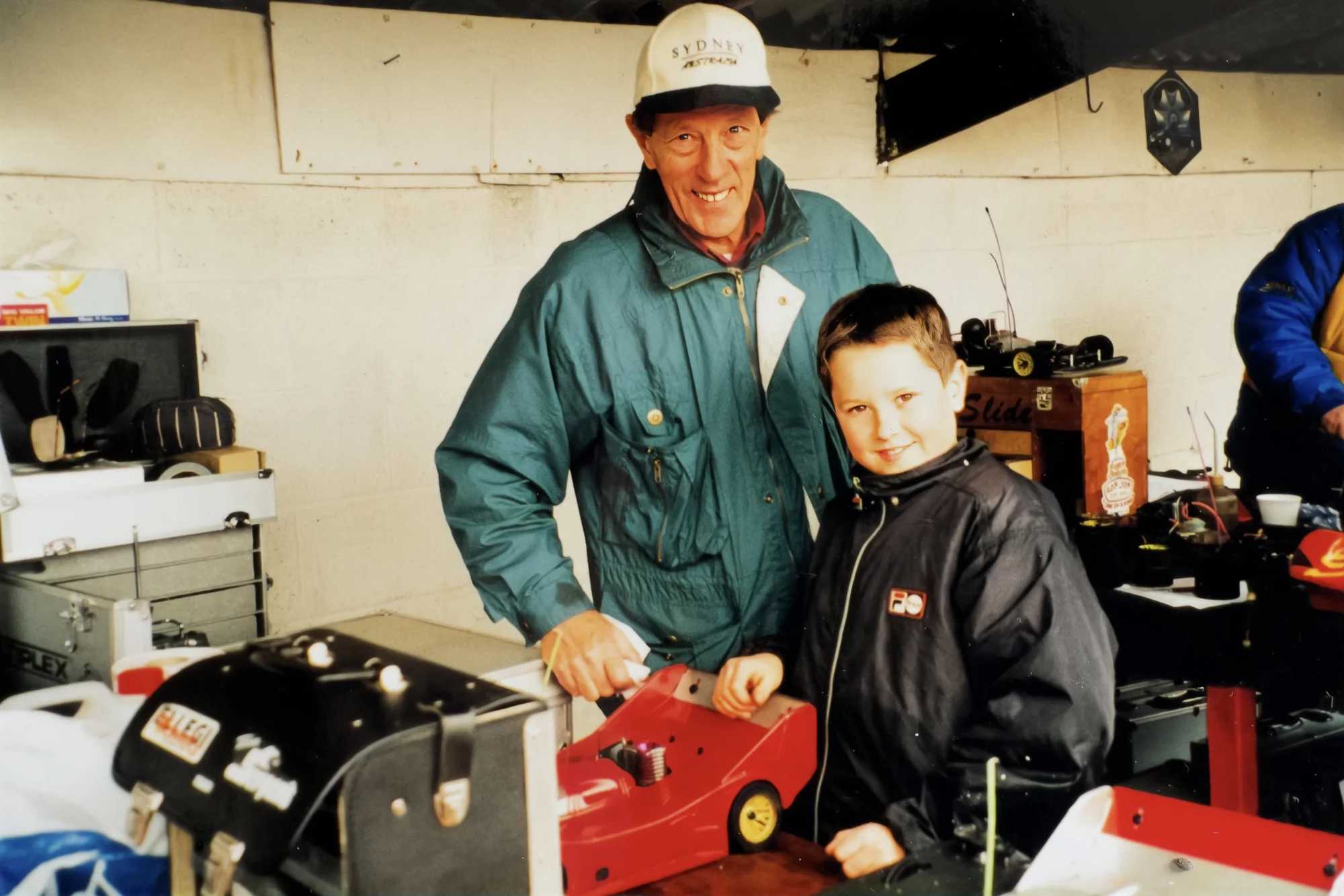 Grandad Tony Cater and Jacques Jensen at racing event in early years