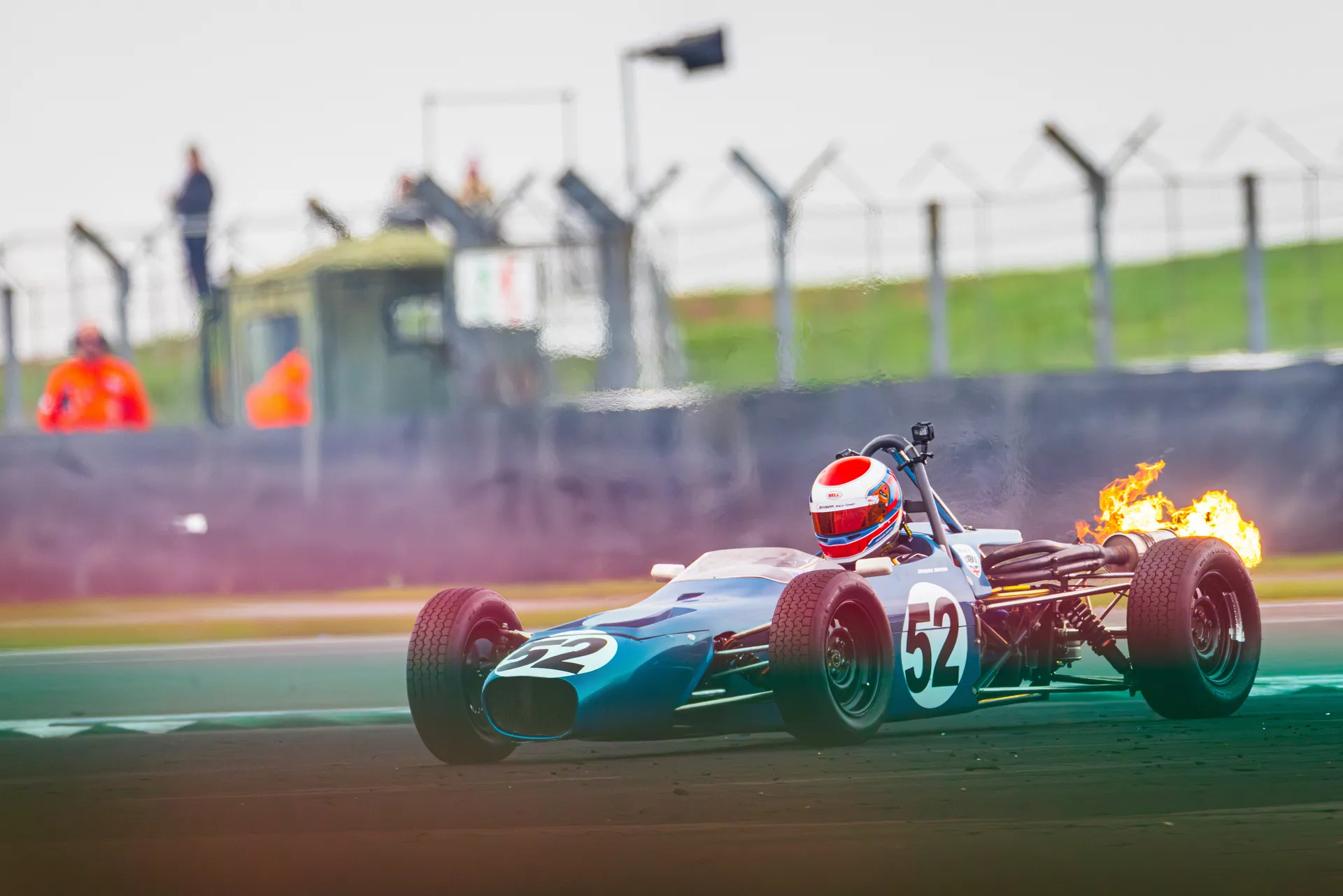 Merlyn MK20A Historic Formula Ford car #52 under Silverstone bridge on main straight